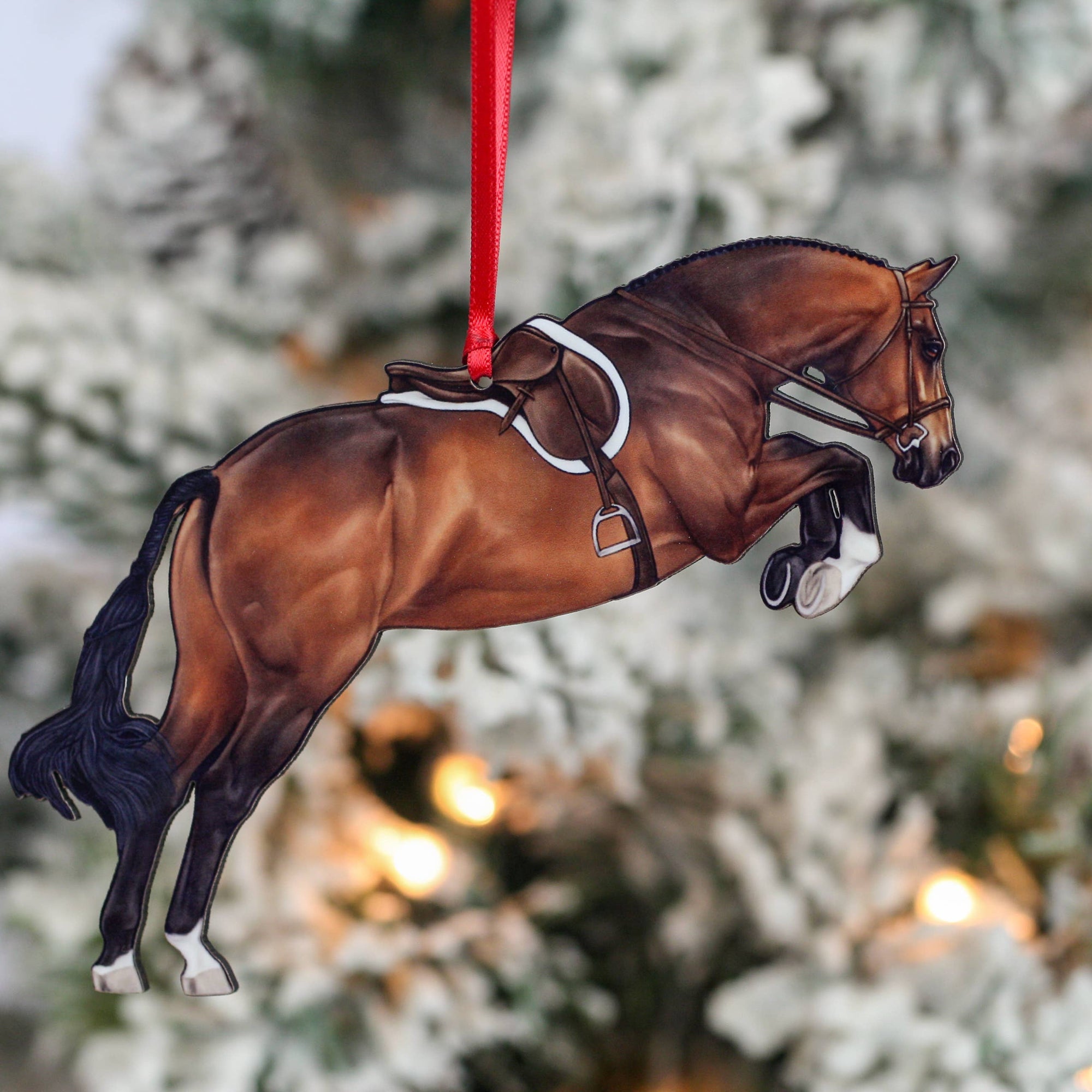 Equestrian Hunter Horse Ornament - Bay Hunter Jumper Takeoff