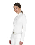 Equestro Women's Micromesh Insert Long Sleeve Competition Polo Shirt, White