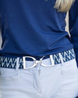 Ellany 1.5" Lantanas Silver Stirrup Elastic Belt, Blue/White