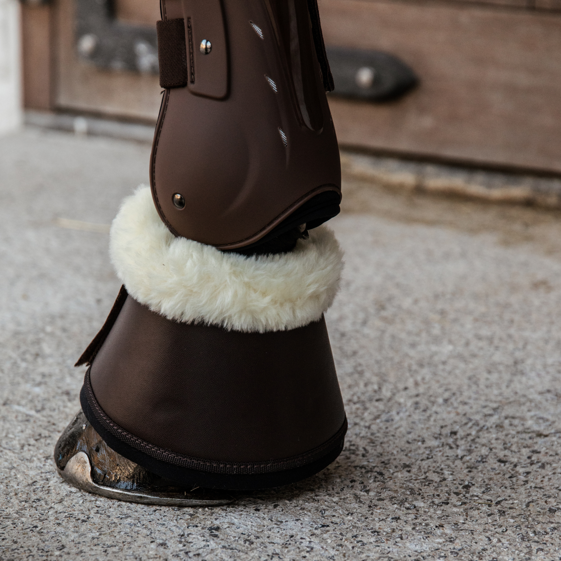 Kentucky Horsewear Sheepskin Vegan Leather Overreach Boots, Brown, Natural Sheepskin