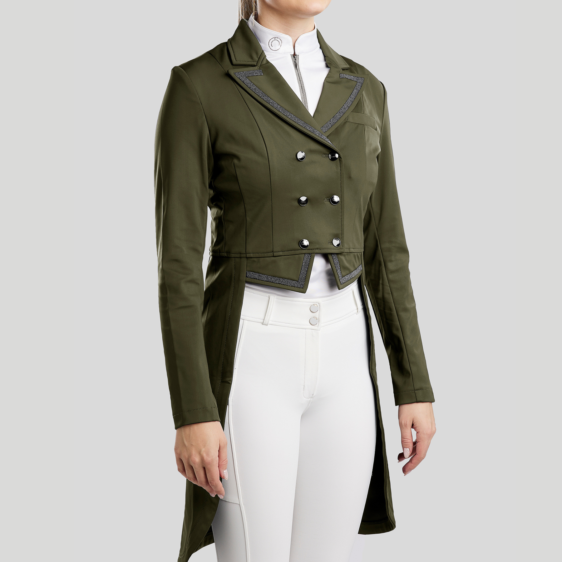 Montar MoGloria Gun Metal Ladies Long Tail Coat Caviar Tape & Crystals, Olive
