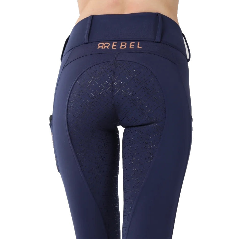Montar REBEL Rosegold Logo Bit Chain Full Grip Pull on Riding Tights, Navy