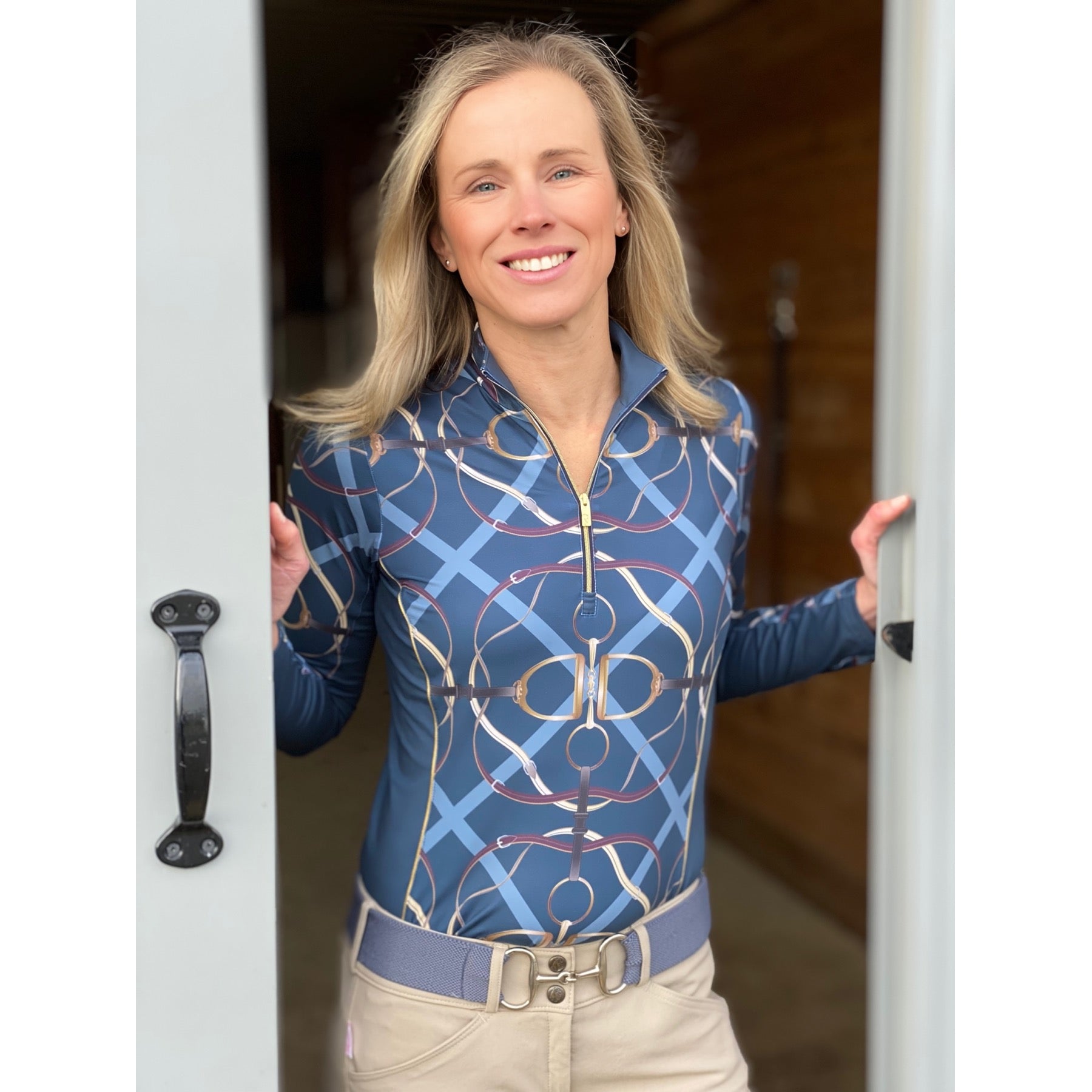 Arista Equestrian Ladies Ribbons & Reins Quarter Zip Long Sleeve Training Shirt, Sapphire