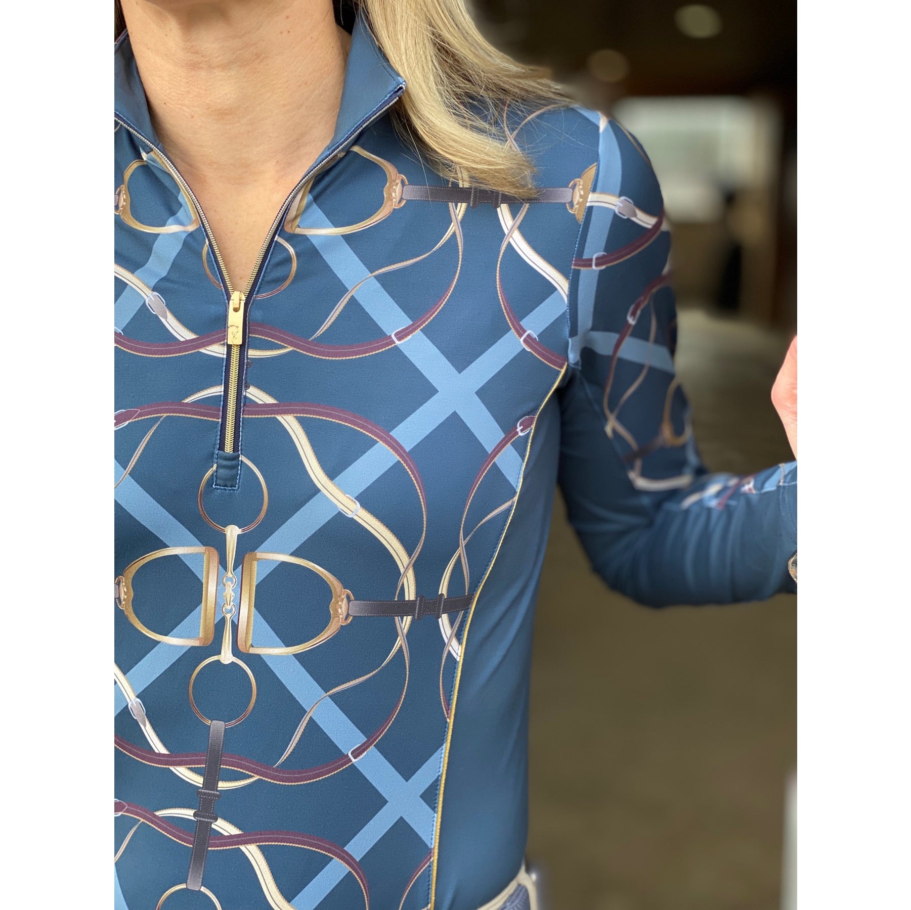 Arista Equestrian Ladies Ribbons & Reins Quarter Zip Long Sleeve Training Shirt, Sapphire