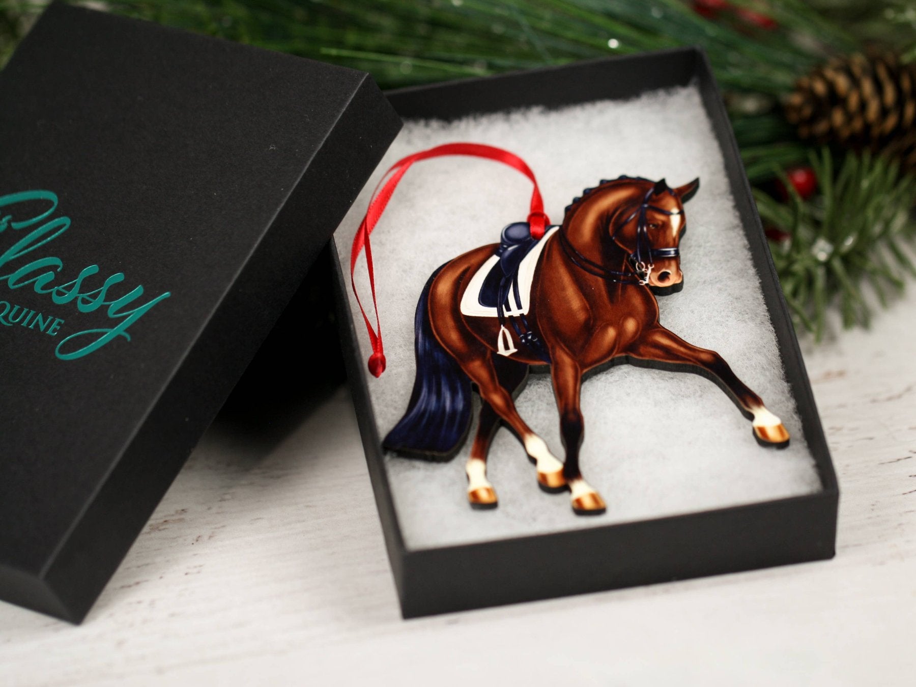 Classy Equine Dressage Horse Christmas Ornament - Bay Half Pass Dressage