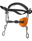 Bombers Bits Hybrid Moulded Preferred Contact bit, angled view showing the embossed Bombers orange disc, shanks and rein rings