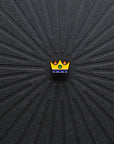 Close up view of Pinsnickety Crown horse show number pin.