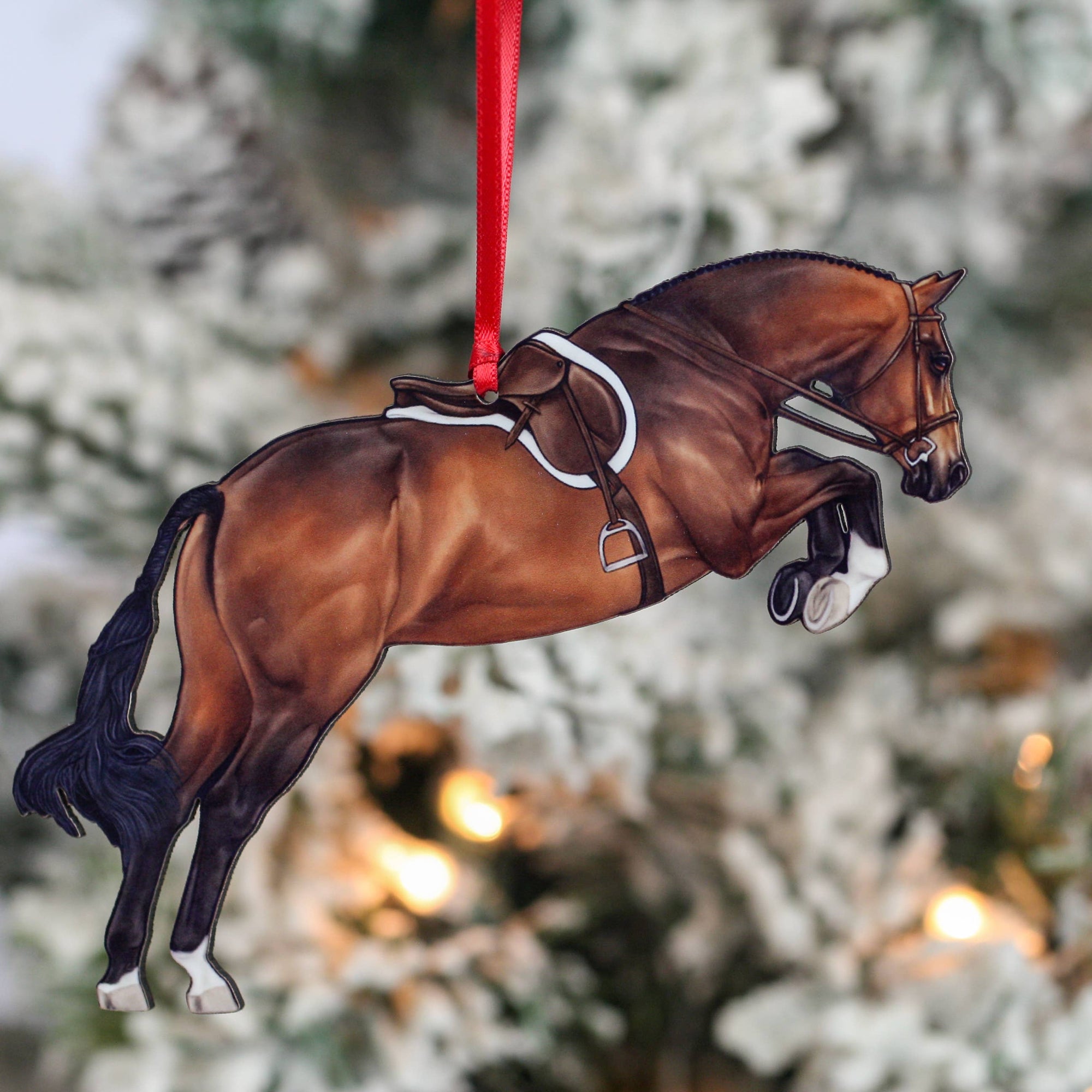 Equestrian Hunter Horse Ornament - Bay Hunter Jumper Takeoff
