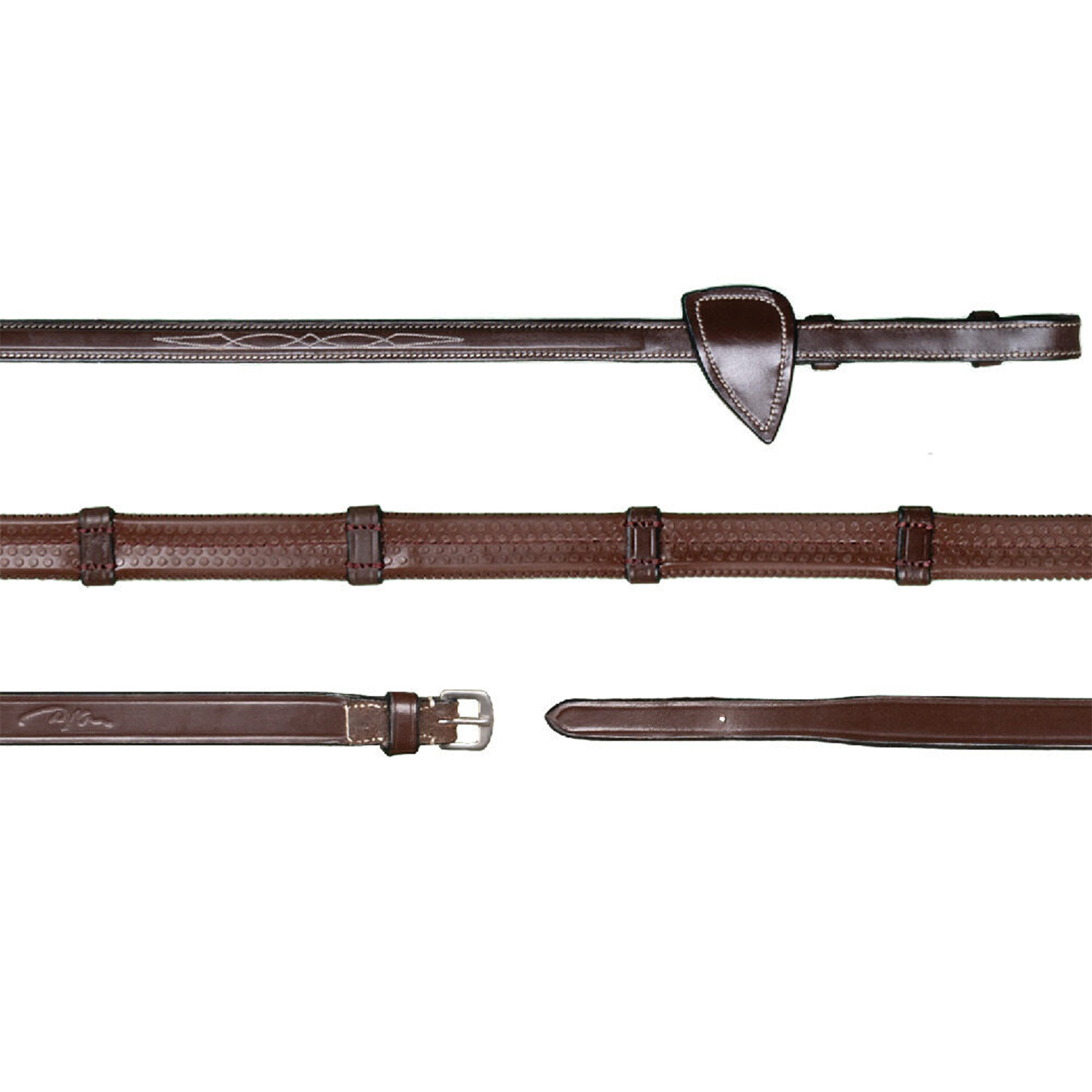 Dy'on 1/2" Rubber Reins With 7 Leather Loops, Brown, US Collection