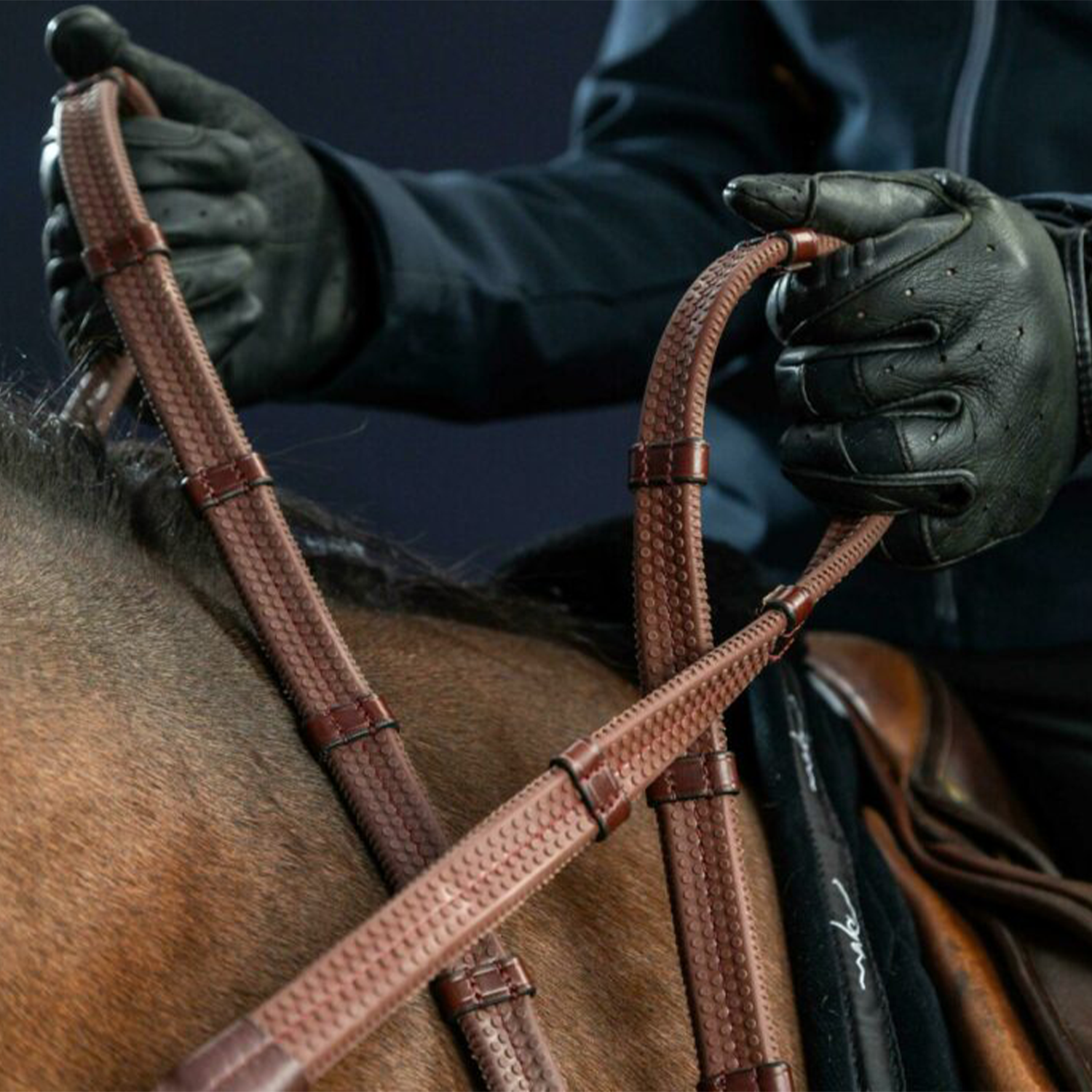 Dy'on 1/2" Rubber Reins With 7 Leather Loops, Brown, D collection