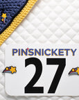Pinsnickety shooting star charm and horse show number pins on a bonnet and saddle pad