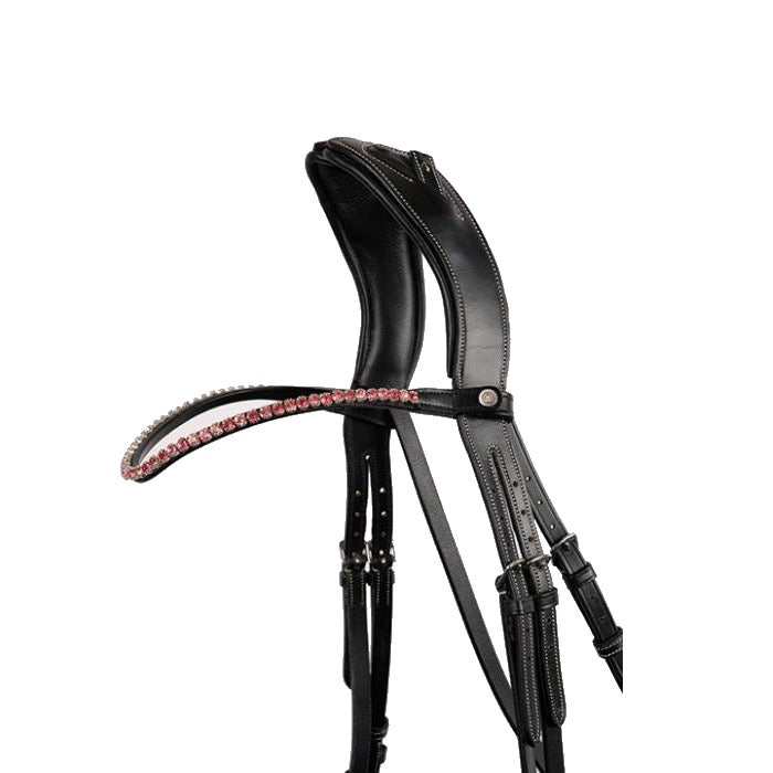 Montar Curved Pink Crystal Snap-On Browband, Black Leather