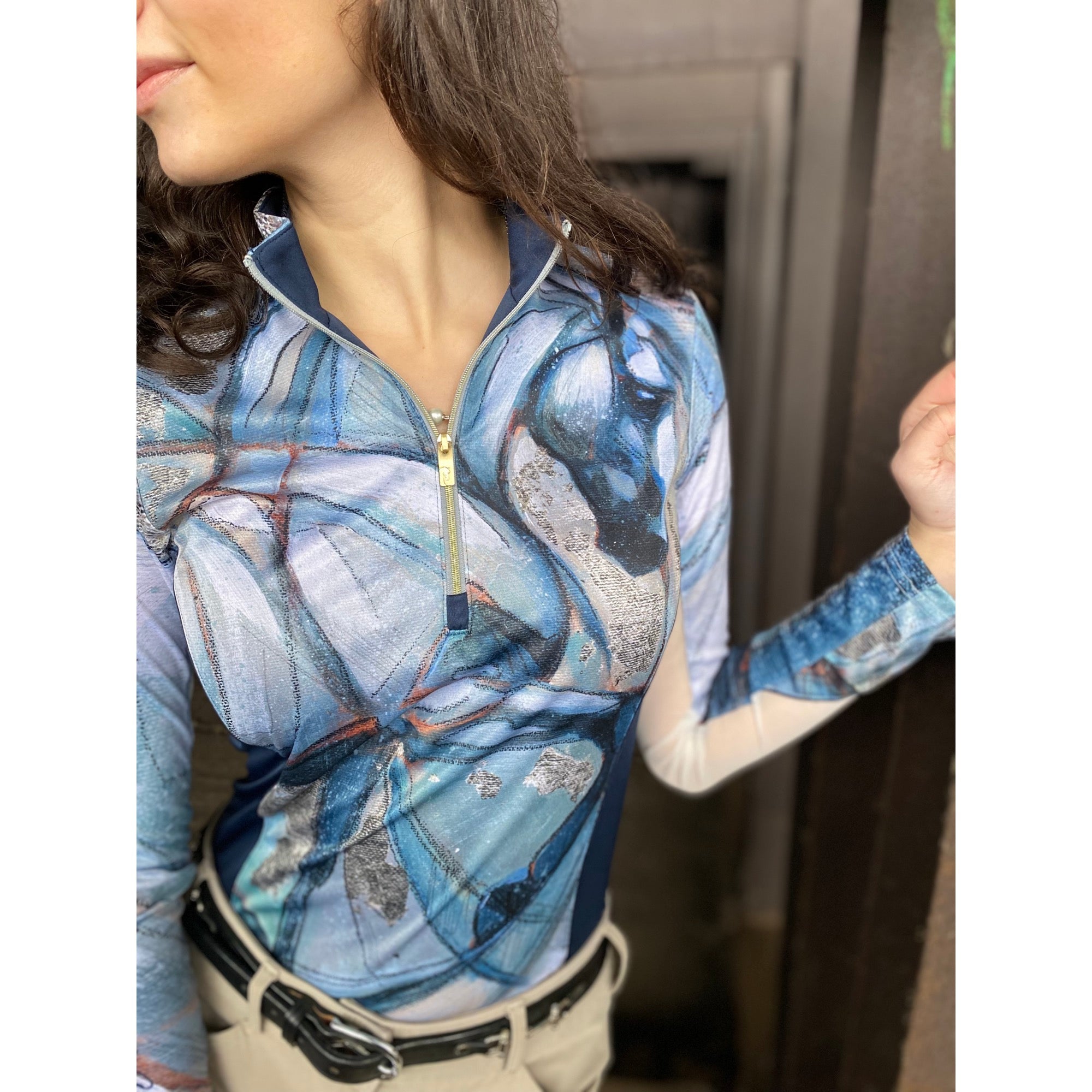 Arista Equestrian Ladies GENEST Once in a Blue Moon Quarter Zip Mesh Training Shirt, Navy