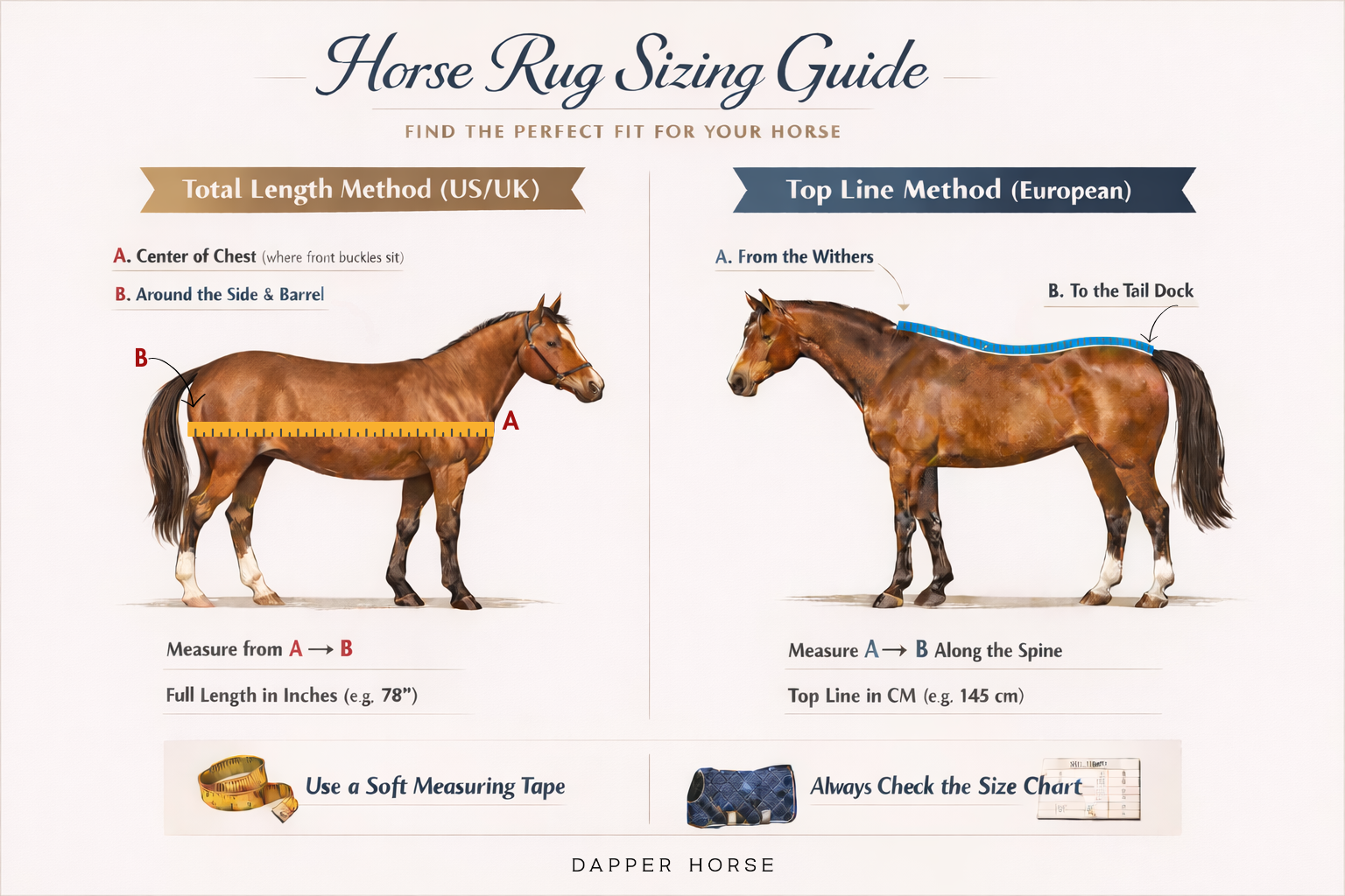 Infographic comparing Total Length vs. Top Line measuring methods for horse rugs, featuring Rambo (Horseware Ireland) and Kentucky Horsewear sizing guide at DAPPER HORSE.