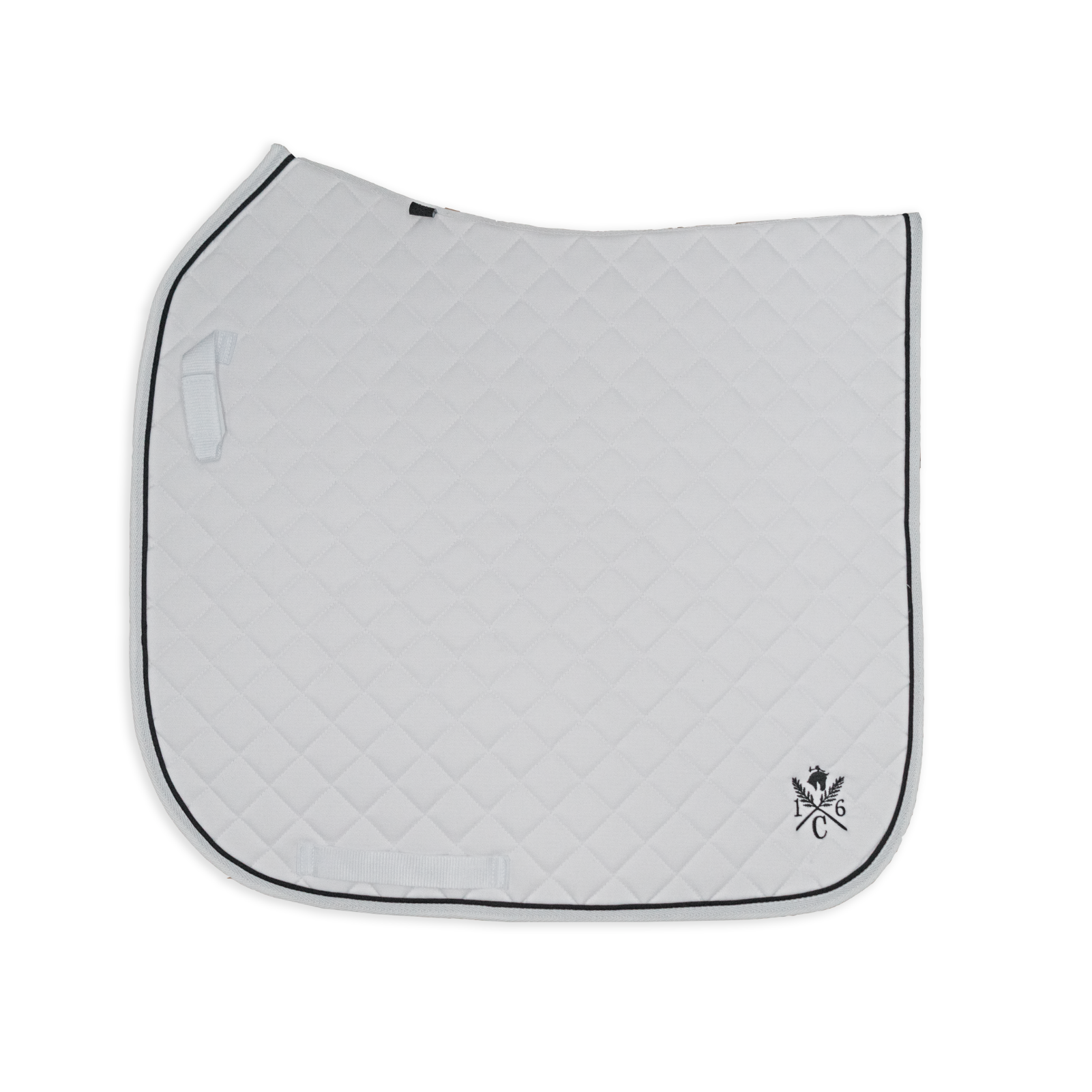 Quilted saddle pad with a brand logo on a white background