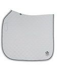 Quilted saddle pad with a brand logo on a white background