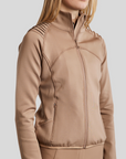 Montar MoPaige Pintucks and Crystals Full Zip Lightweight Jacket, Latte