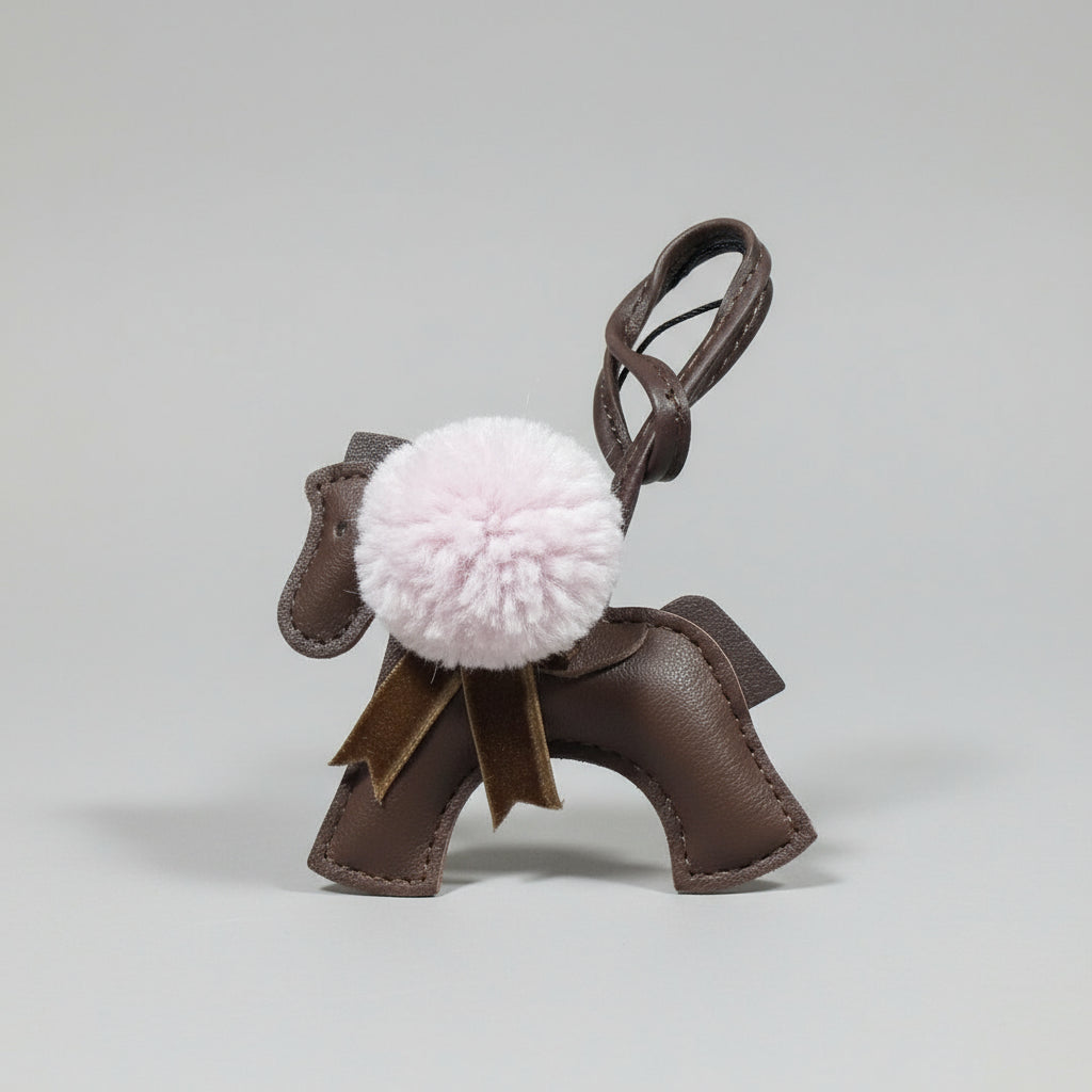 Brown horse bag charm with decorative lavender pom-pom and brown ribbon