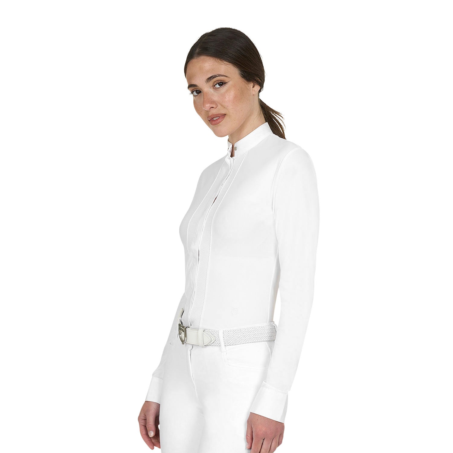 Equestro Women's Micromesh Insert Long Sleeve Competition Polo Shirt, White