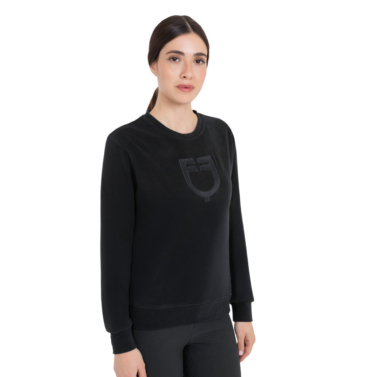 Equestro Women's Fleece Round Neck Sweater, Black