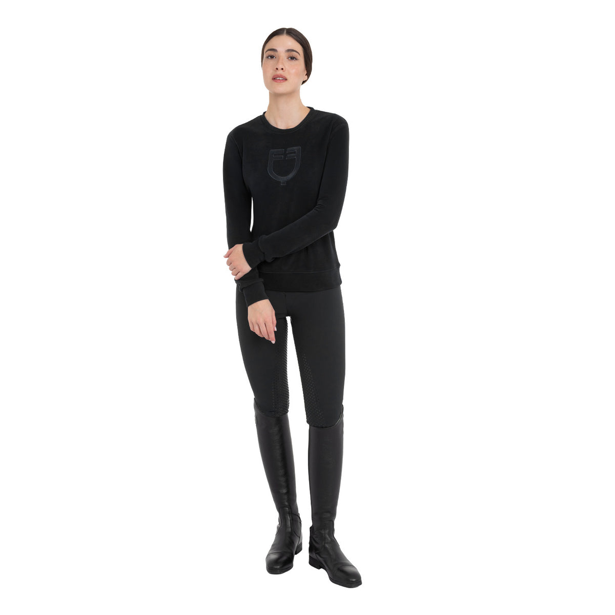 Equestro Women's Fleece Round Neck Sweater, Black