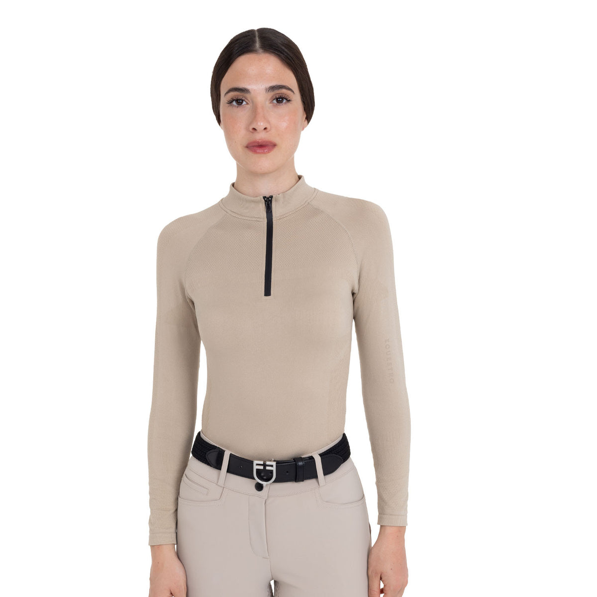 Equestro Women's Technical Knit Long Sleeve Training Shirt in Cobblestone, front view on model with black quarter-zip mock neck