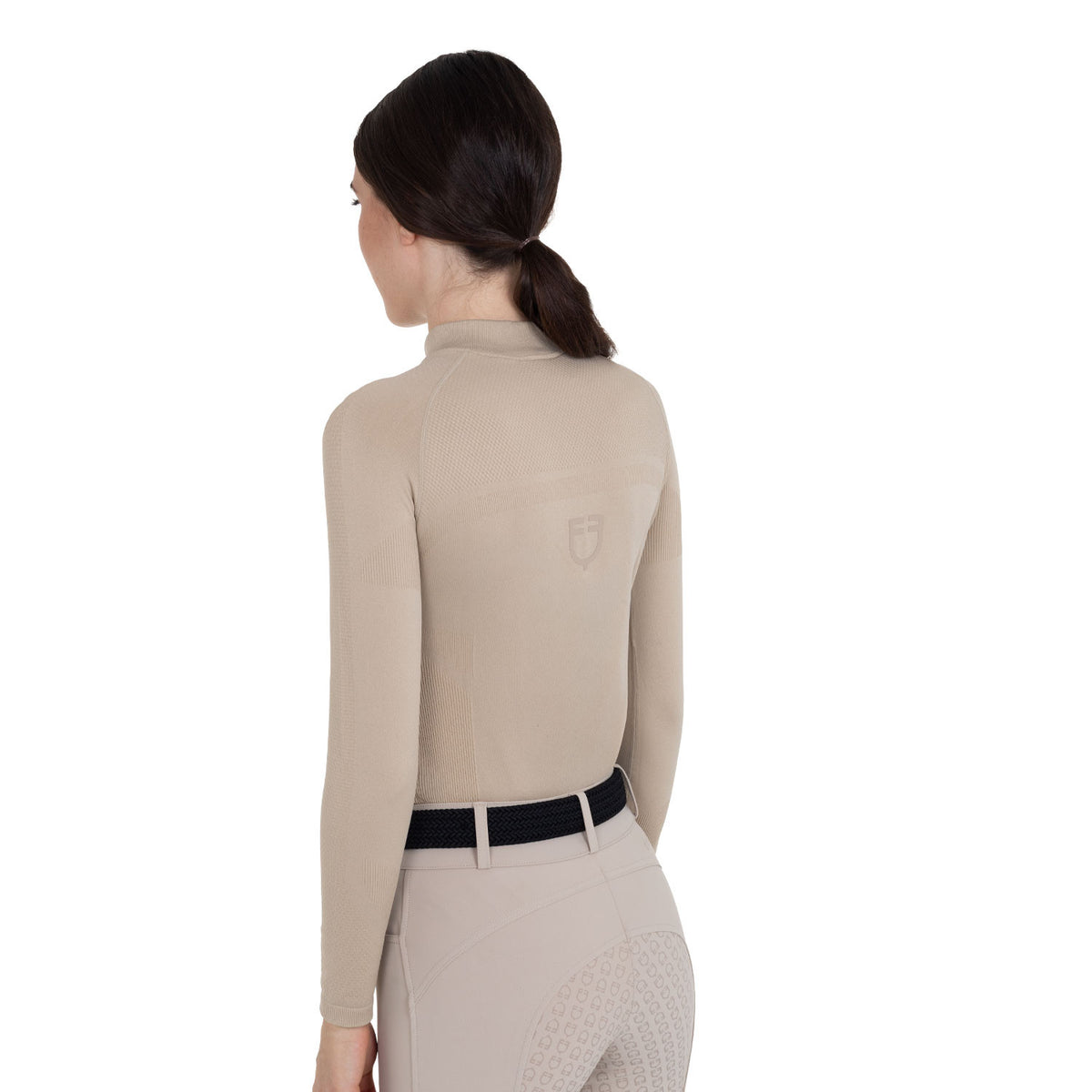 Equestro Cobblestone technical knit training shirt, back view showing tonal Equestro shield logo between the shoulders