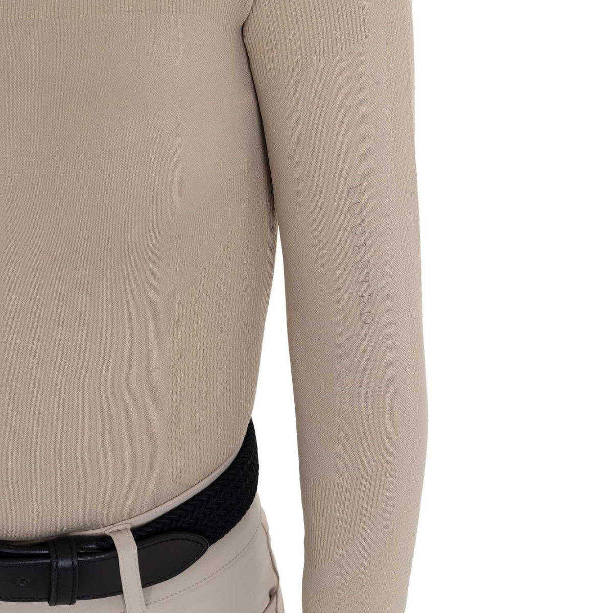 Sleeve detail of the Equestro training shirt with tonal EQUESTRO wordmark along the forearm