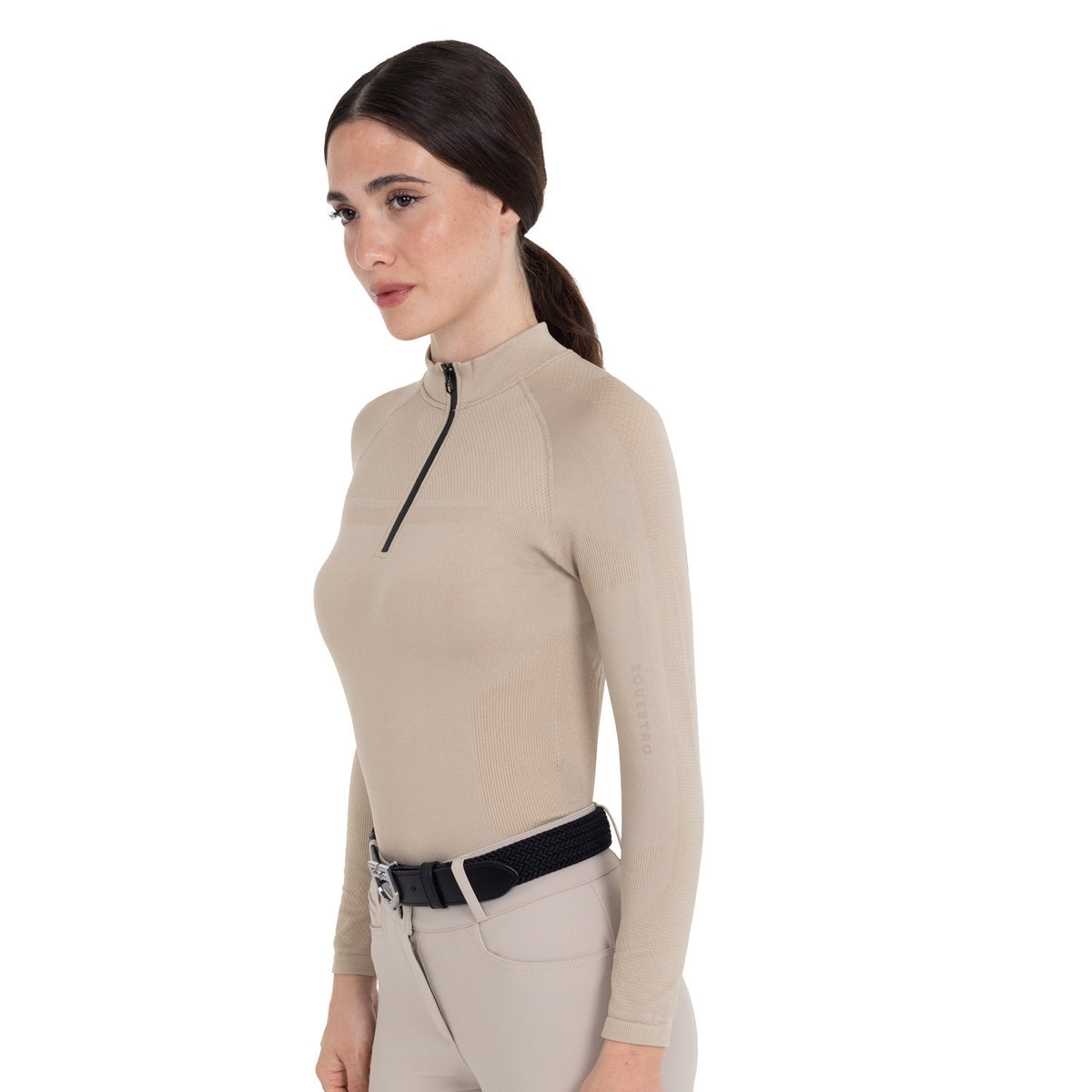 Equestro Cobblestone technical knit training shirt, three-quarter view on model