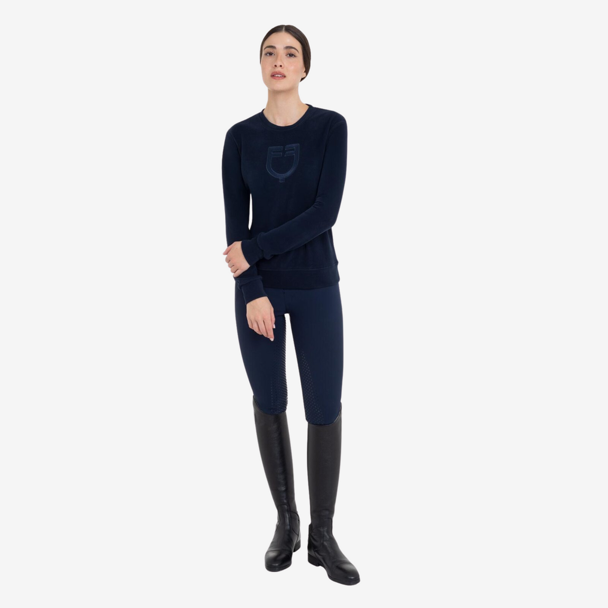 Equestro Women's Fleece Round Neck Sweater, Navy