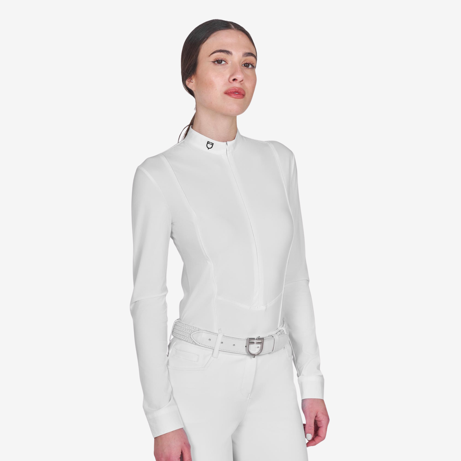 Equestro Women's Invisible Zip Long Sleeve Competition Polo Shirt, White