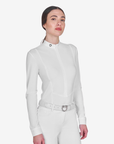Equestro Women's Invisible Zip Long Sleeve Competition Polo Shirt, White