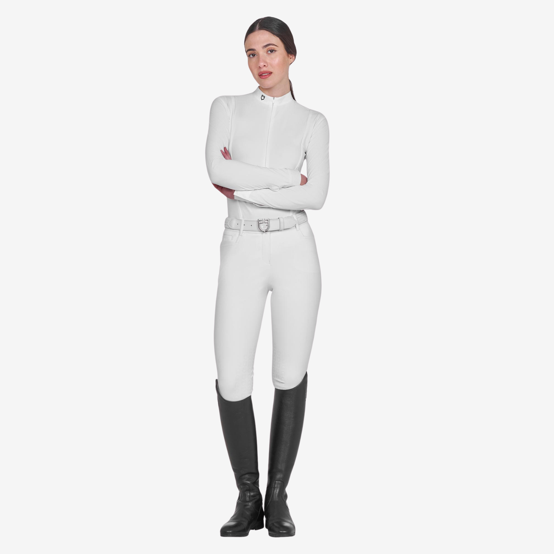Equestro Women's Invisible Zip Long Sleeve Competition Polo Shirt, White