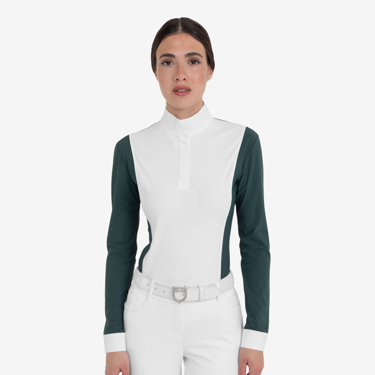 Equestro Women's Perforated Long Sleeve Competition Polo Shirt, Pine Grove
