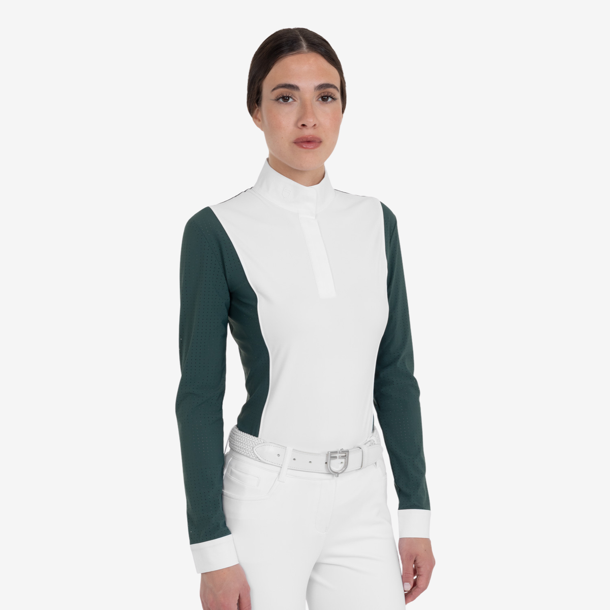 Equestro Women's Perforated Long Sleeve Competition Polo Shirt, Pine Grove