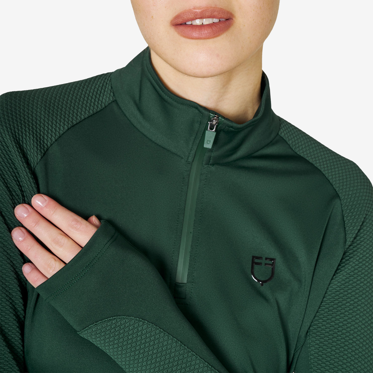 Equestro Women's Slim Fit Technical Long Sleeve Base Layer, Pine Grove / Black
