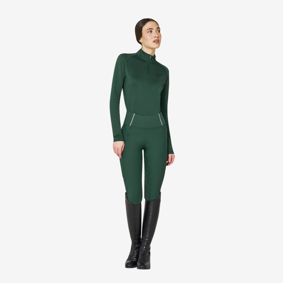 Equestro Women's Slim Fit Technical Long Sleeve Base Layer, Pine Grove / Black