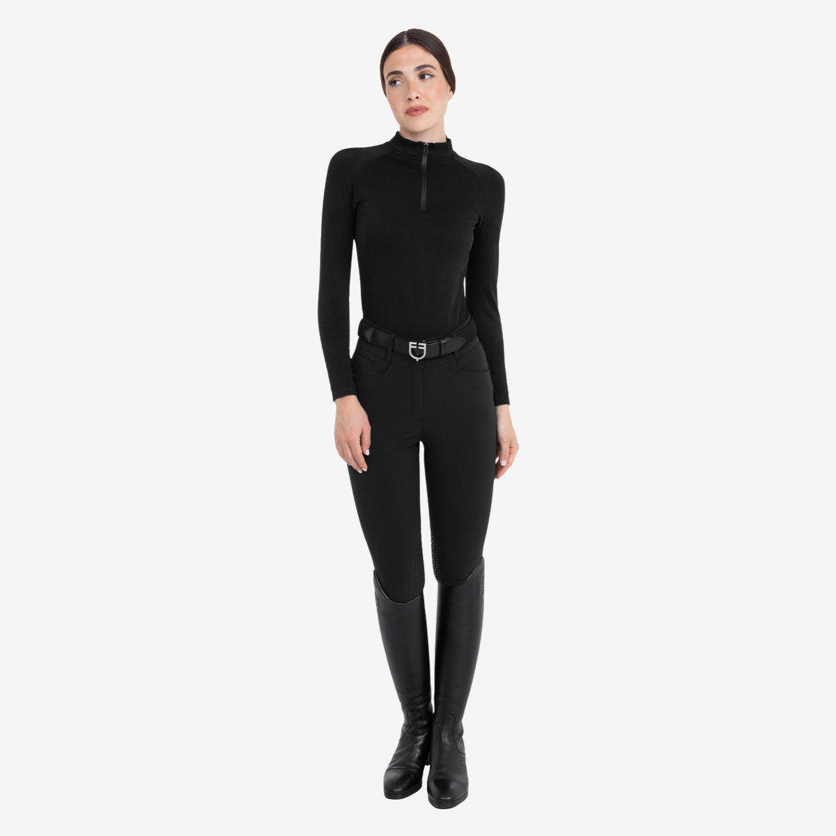 Equestro Women's Technical Knit Long Sleeve Training Shirt w/ 1/4 Zip, Black