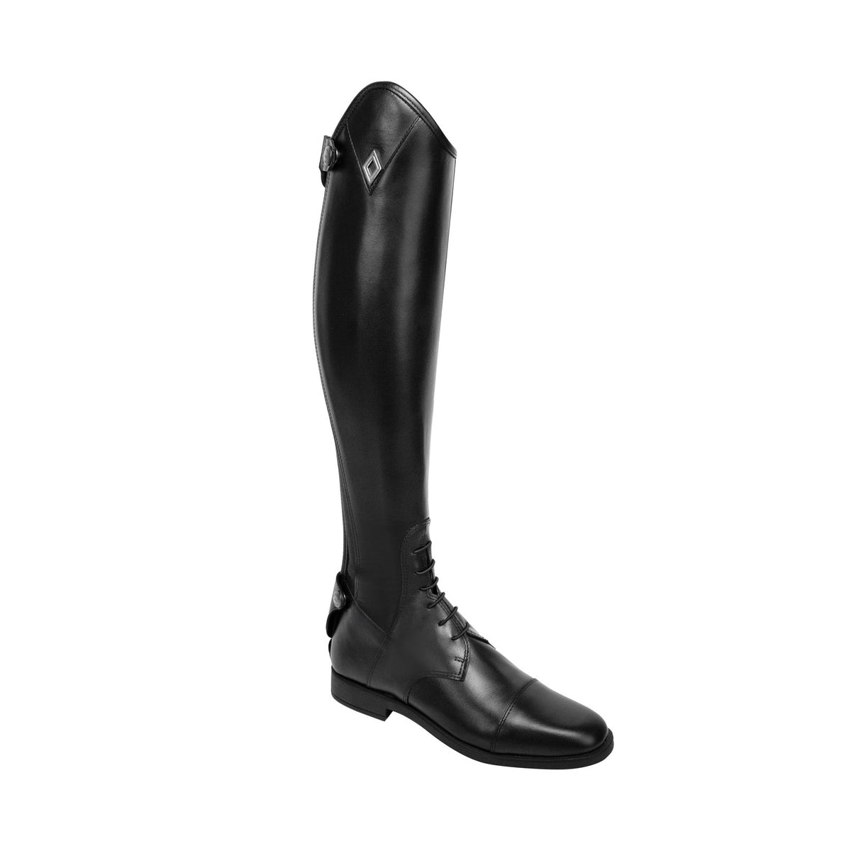 Fabbri Prime Derby black leather tall riding boot with laces at the instep and diamond logo