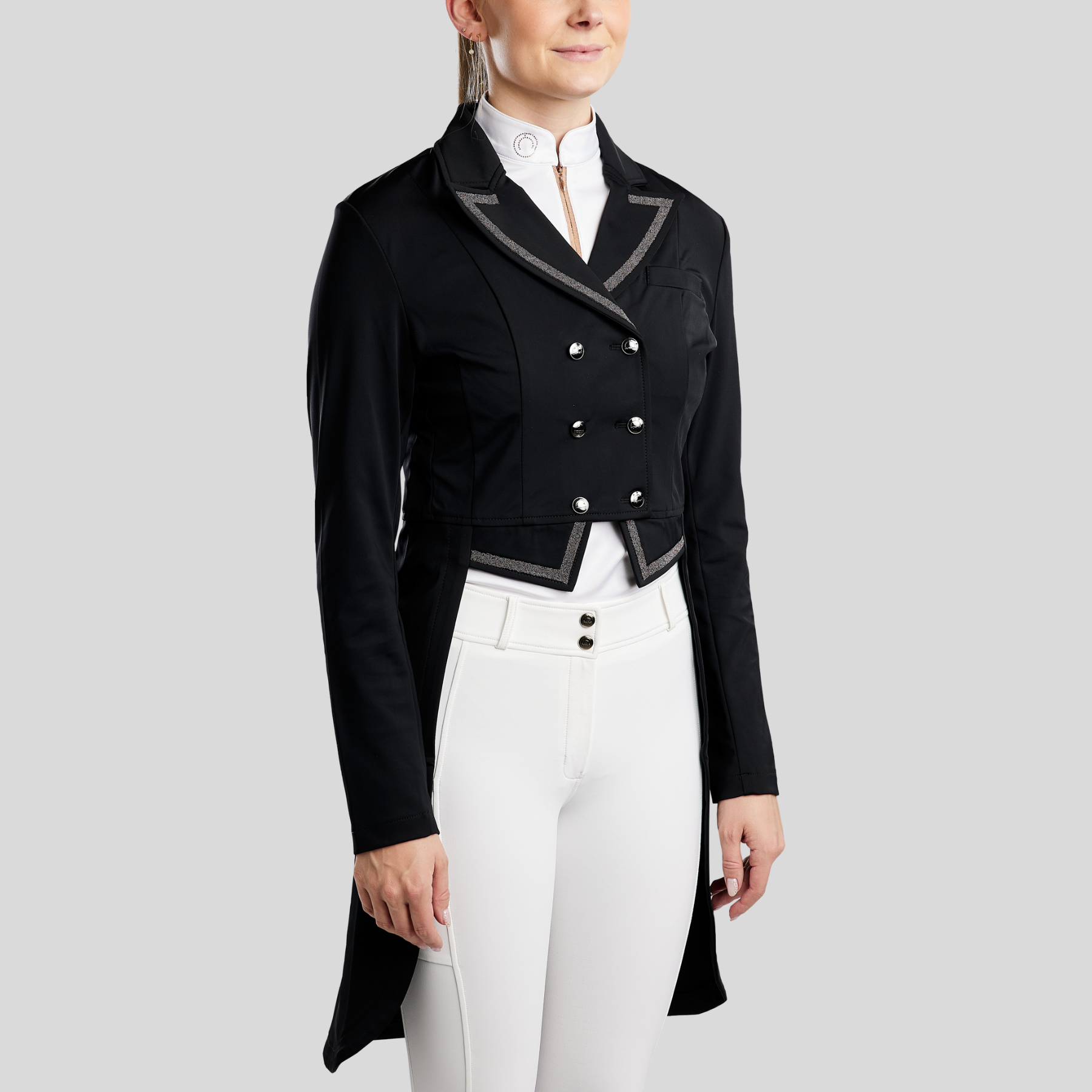 Montar MoGloria Gun Metal Ladies Long Tail Coat Caviar Tape &amp; Crystals, Black