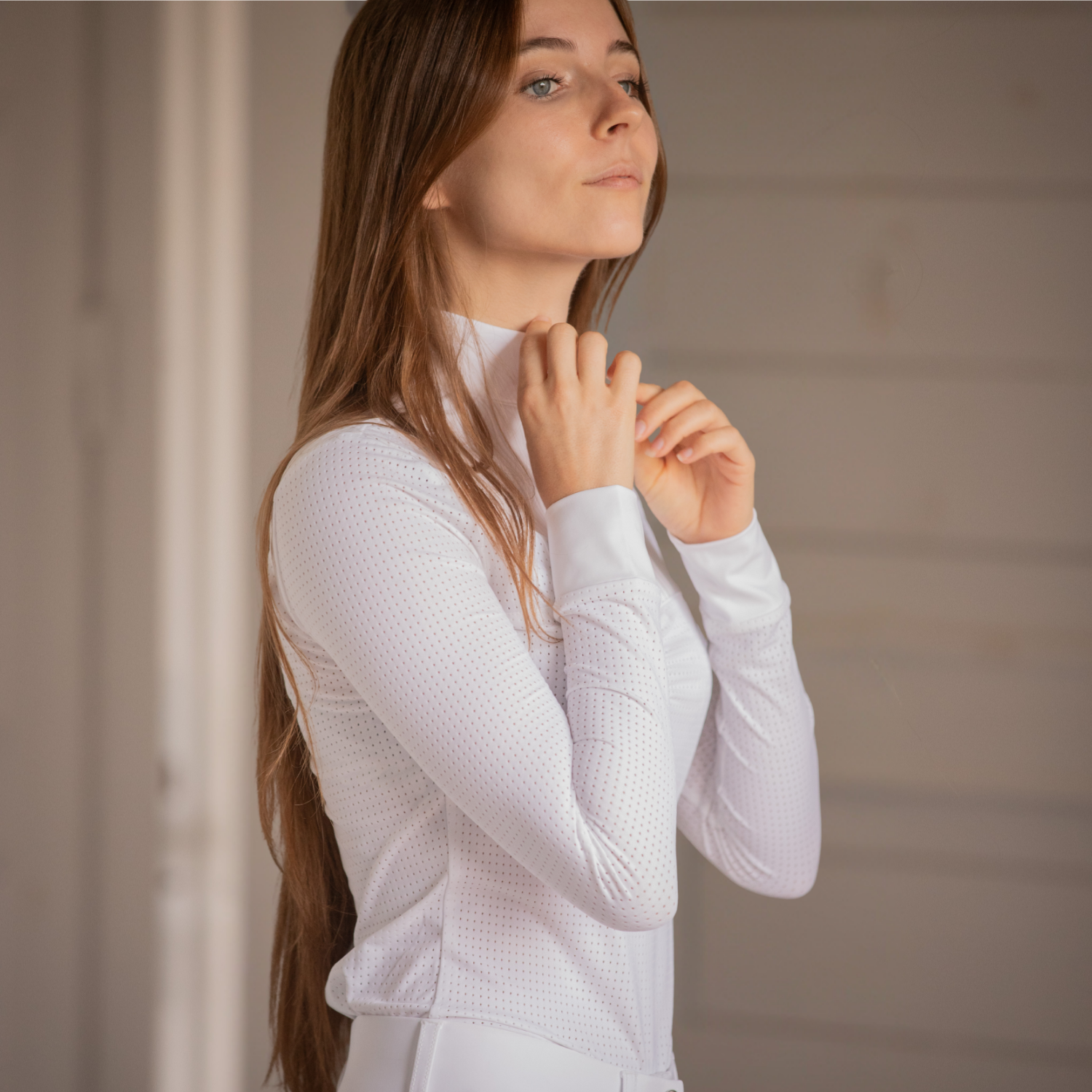 Penelope Florence Mesh Ladies Long Sleeve Show Shirt, Optic White