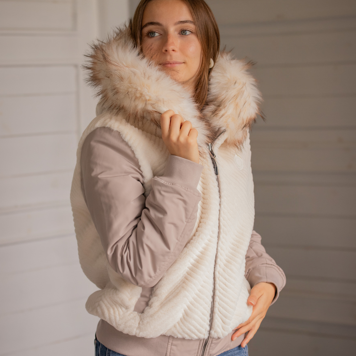 Pénélope Lyon Reversible Winter Jacket, Taupe &amp; Offwhite