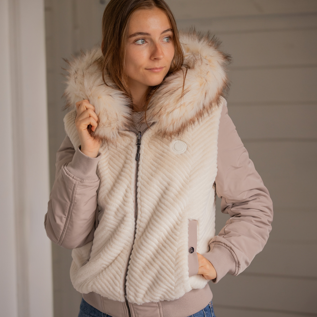 Pénélope Lyon Reversible Winter Jacket, Taupe &amp; Offwhite