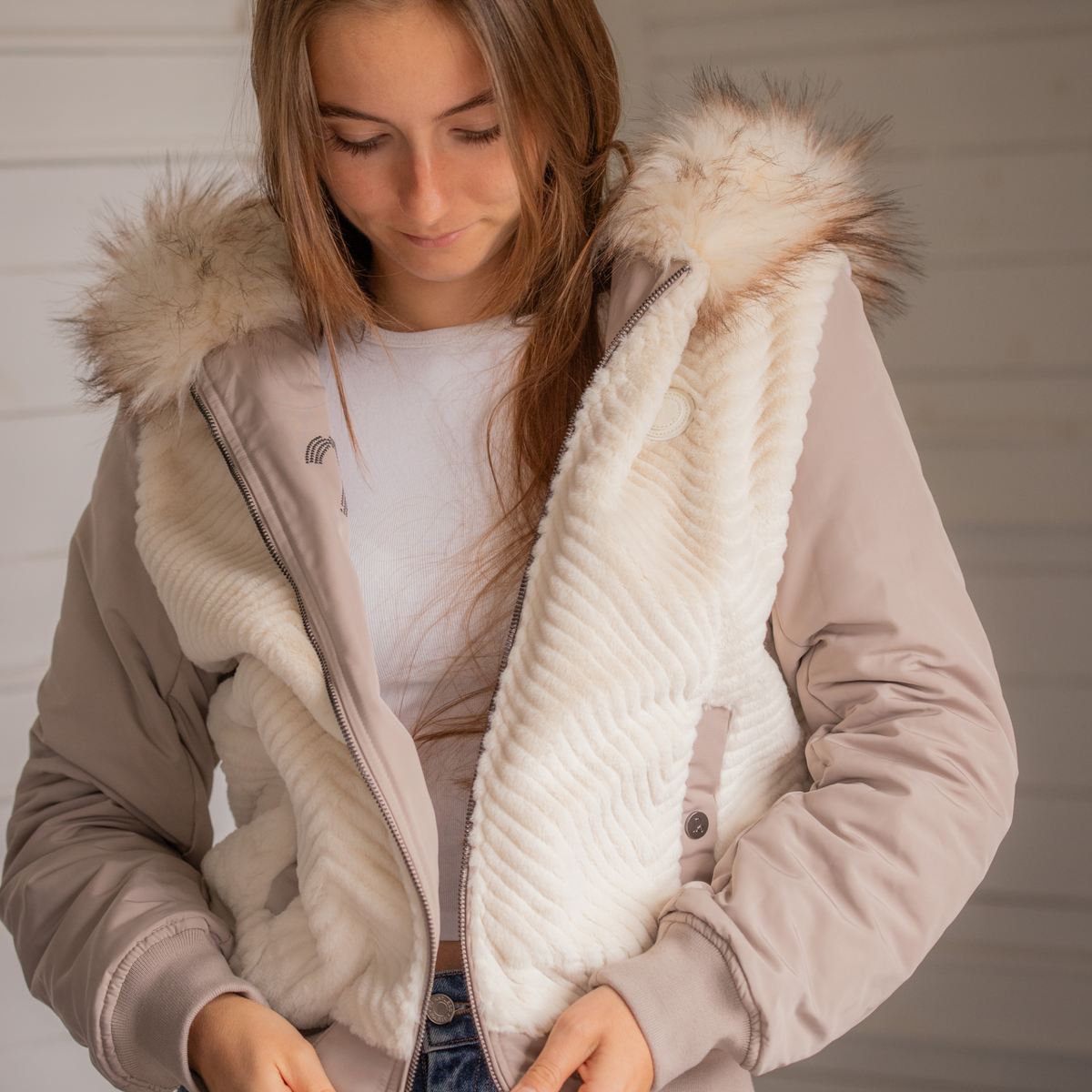 Pénélope Lyon Reversible Winter Jacket, Taupe &amp; Offwhite