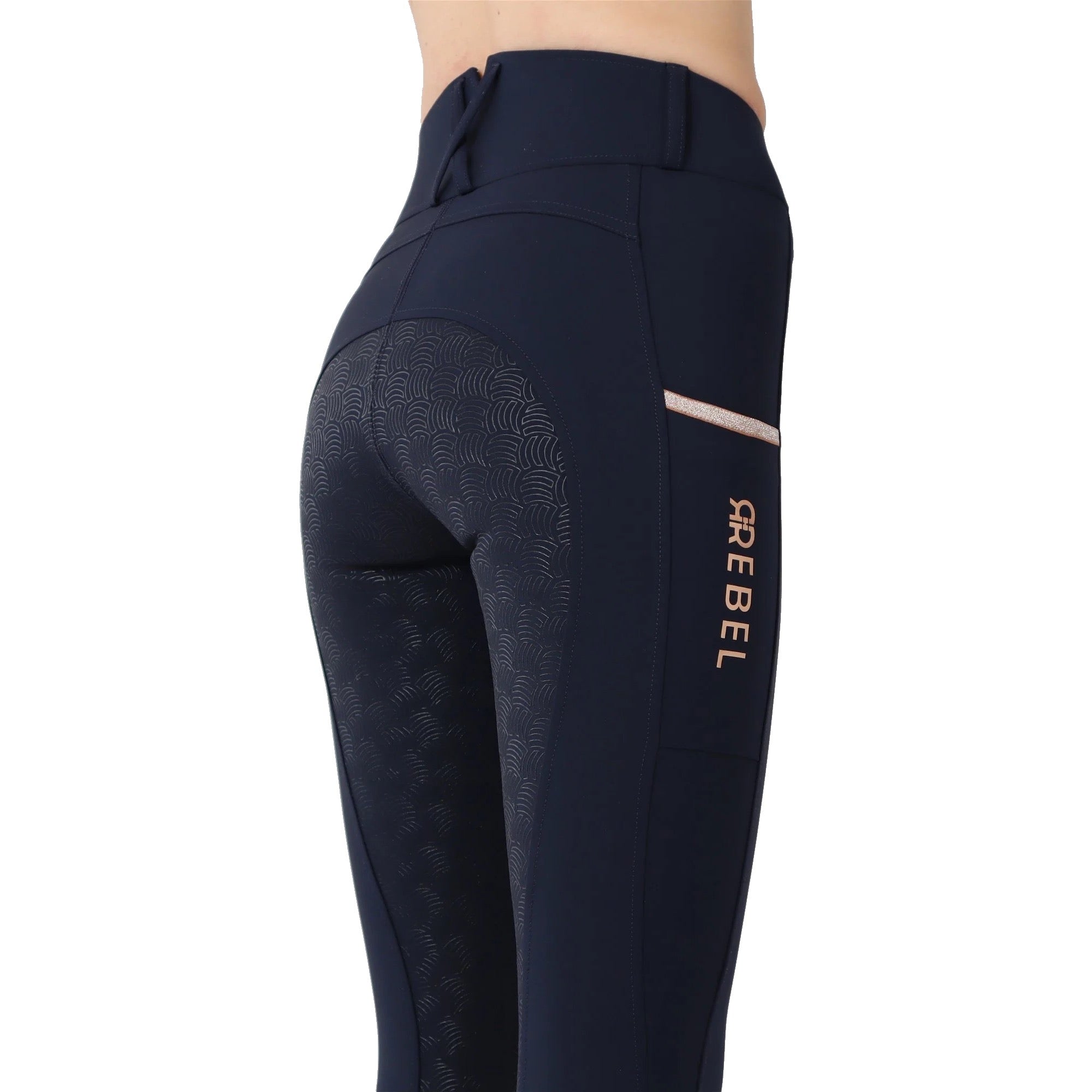 Montar REBEL Rosegold Logo &amp; Pipe Full Grip Mid Rise Breeches, Navy