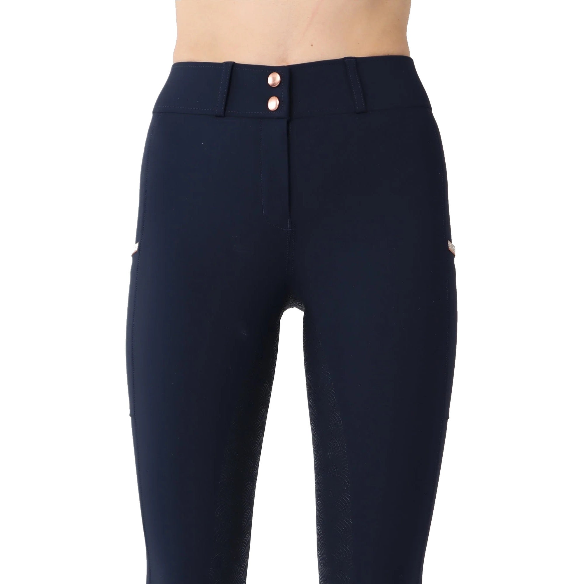 Montar REBEL Rosegold Logo &amp; Pipe Full Grip Mid Rise Breeches, Navy