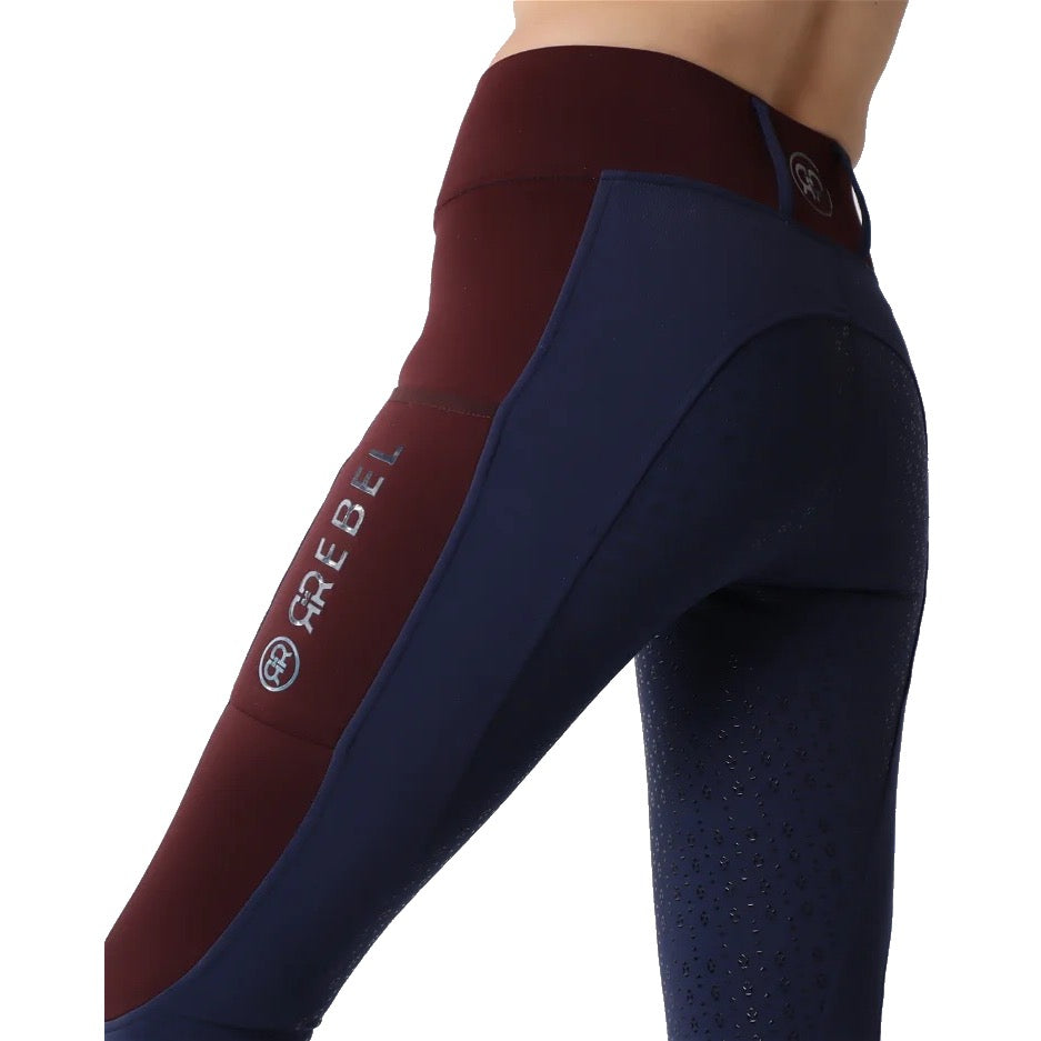 Montar REBEL Two Color Pull on Full Grip Riding Tights, Navy/Plum