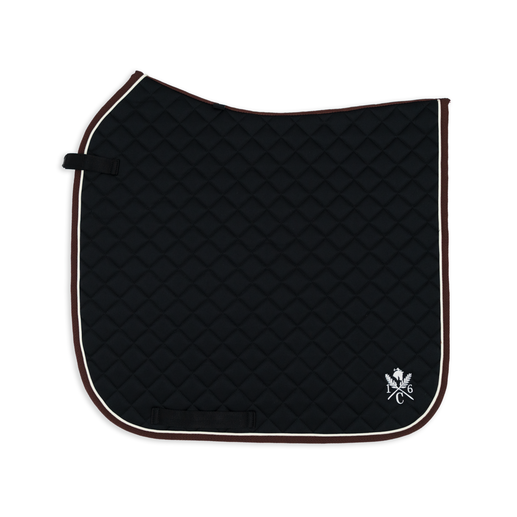 Black quilted saddle pad with a logo on a white background