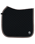 Black quilted saddle pad with a logo on a white background