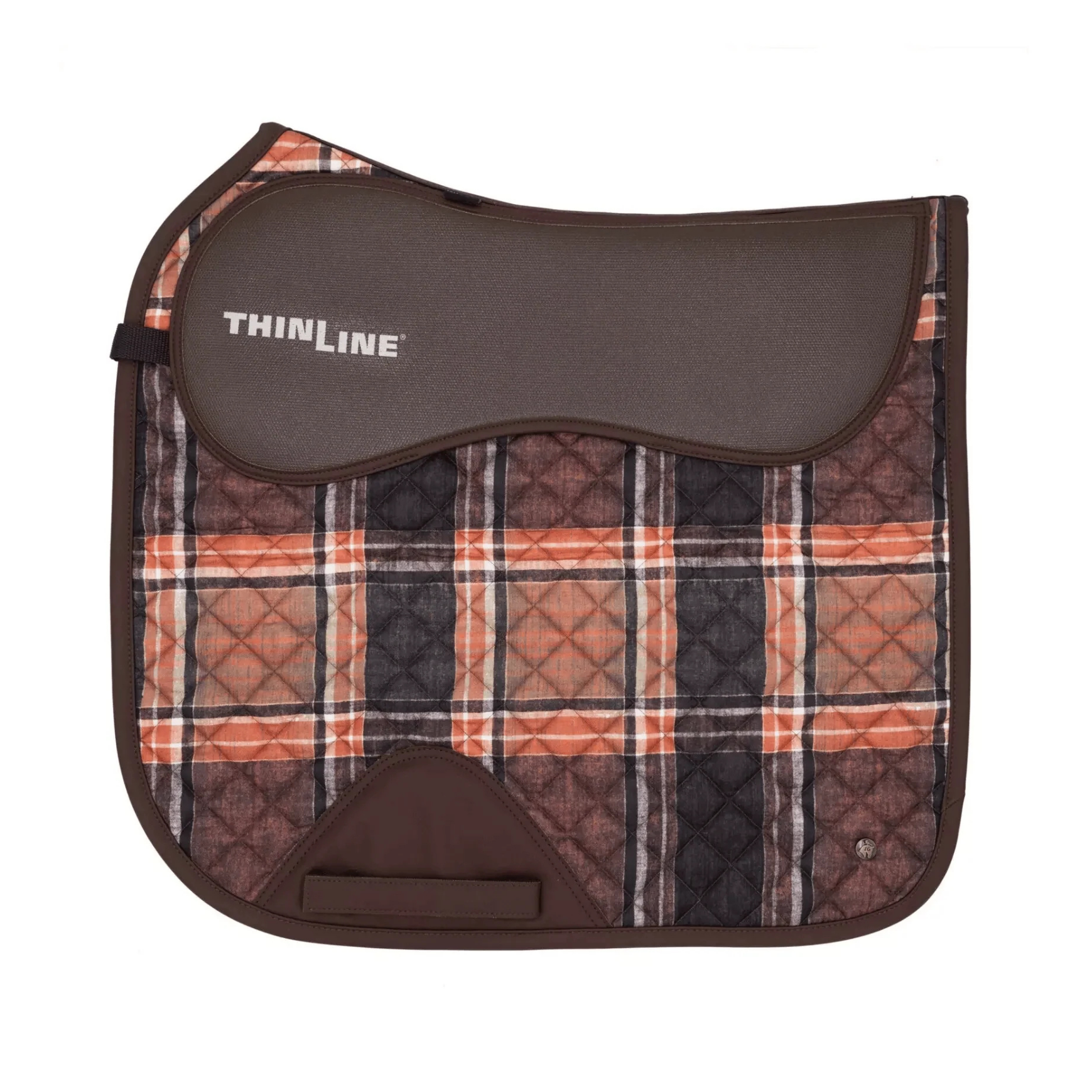 Saddle pad with plaid pattern and brown accents on a white background